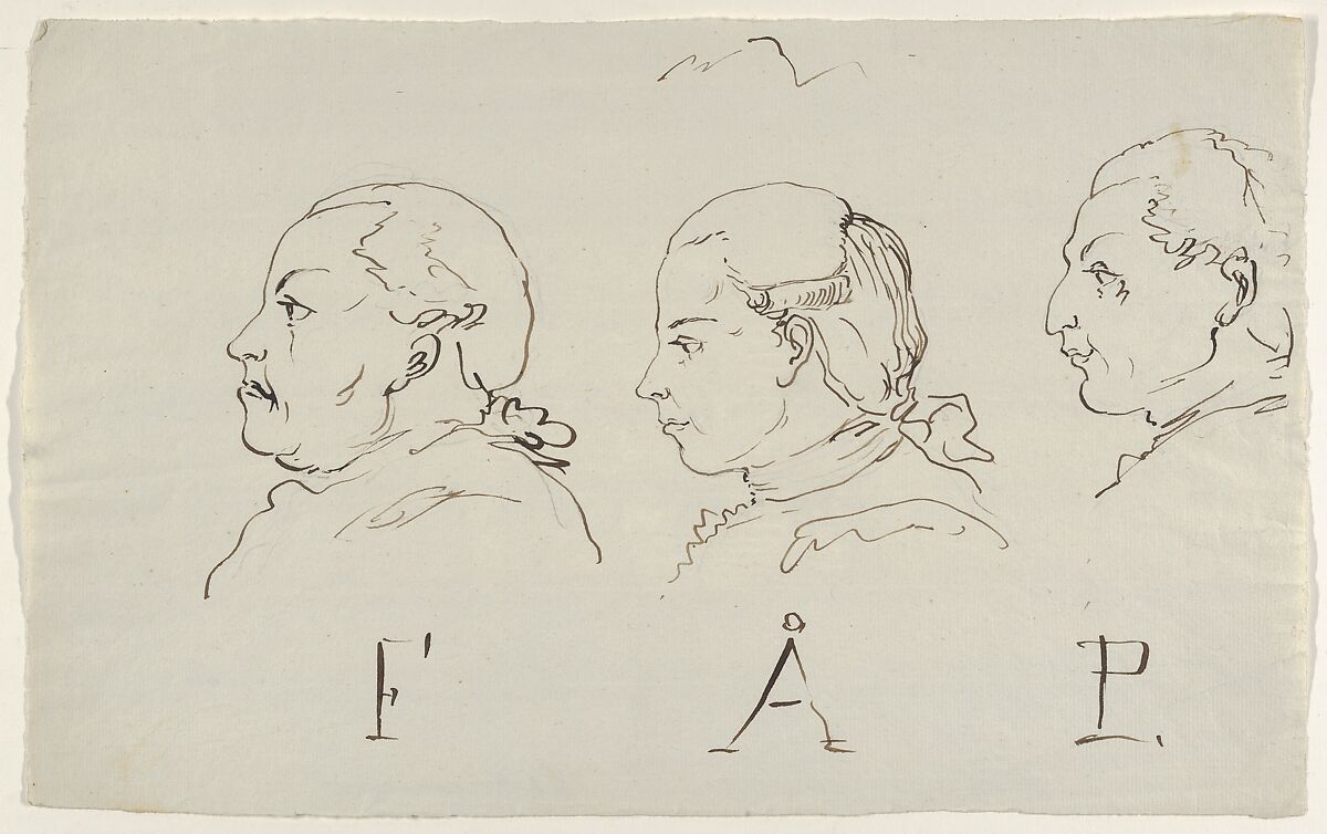 Three Portraits in Profile, Carl August Ehrensvärd (Swedish, 1745–1800), Pen and brown ink, over black chalk 