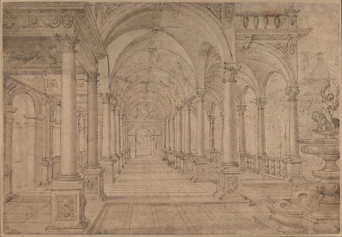 Architectural Capriccio with an Arcade and Fountain in Point Perspective [Study for a Painting of John the Baptist before Herod], Hans Vredeman de Vries (Netherlandish, Leeuwarden 1527–1606 (?)  Antwerp (?)), Pen and brown ink with a gray wash over traces of black chalk, stylus and compass marks 