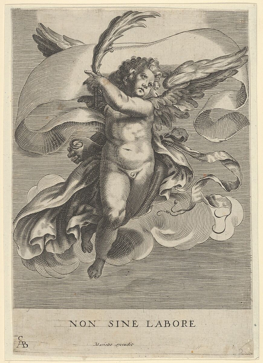 Winged genius holding a olive branch and a banderole, After Cherubino Alberti (Zaccaria Mattia) (Italian, Borgo Sansepolcro 1553–1615 Rome), Engraving (reverse copy) 