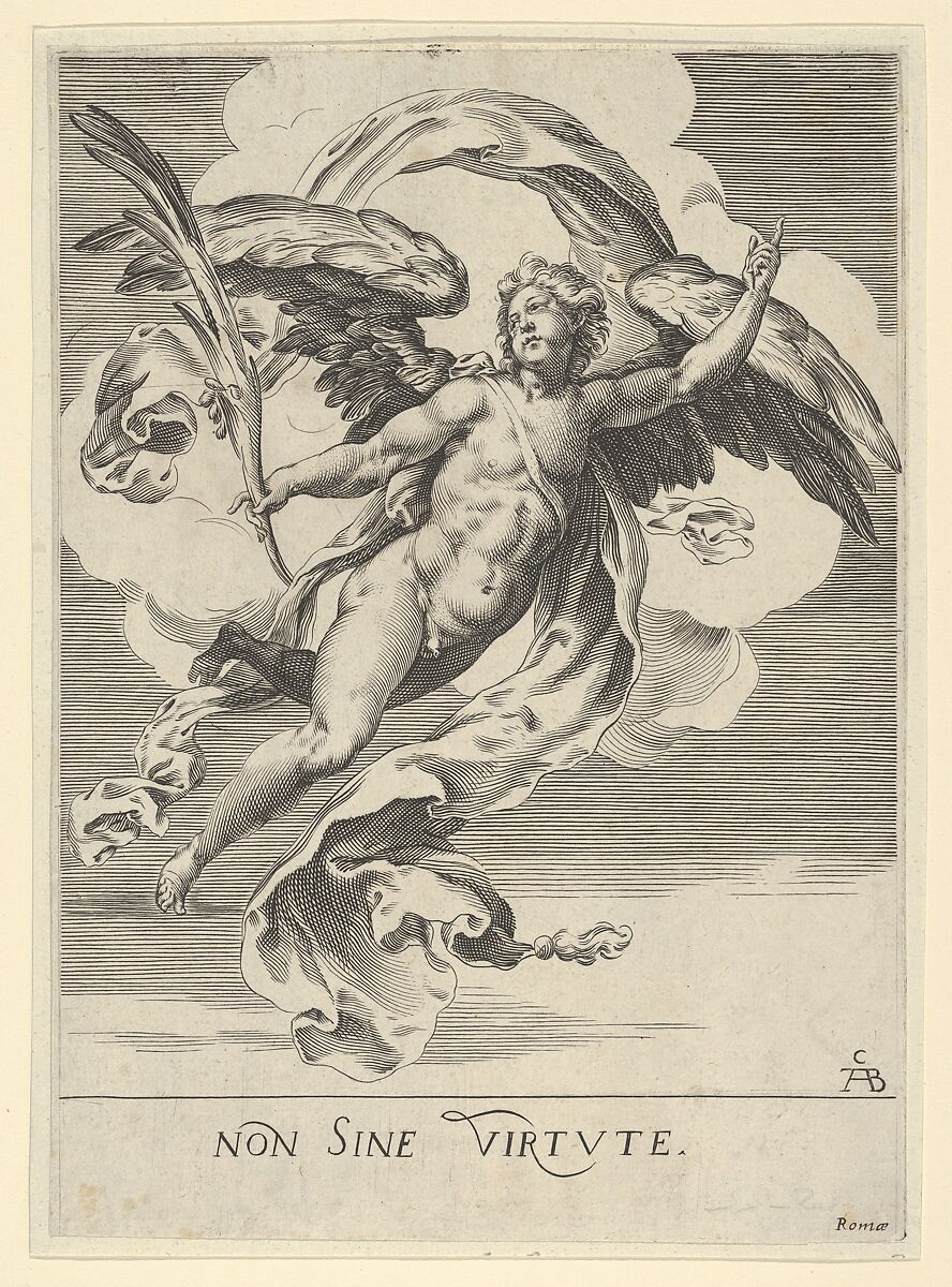 Winged angel holding a palm in his right hand and with drapery behind him, After Cherubino Alberti (Zaccaria Mattia) (Italian, Borgo Sansepolcro 1553–1615 Rome), Engraving (reverse copy) 