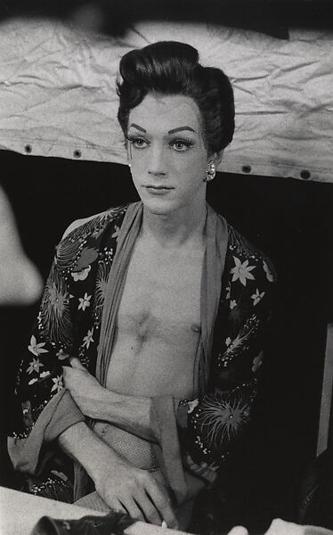 Seated female impersonator in an open kimono, Hempstead, L.I., Diane Arbus (American, New York 1923–1971 New York), Gelatin silver print 