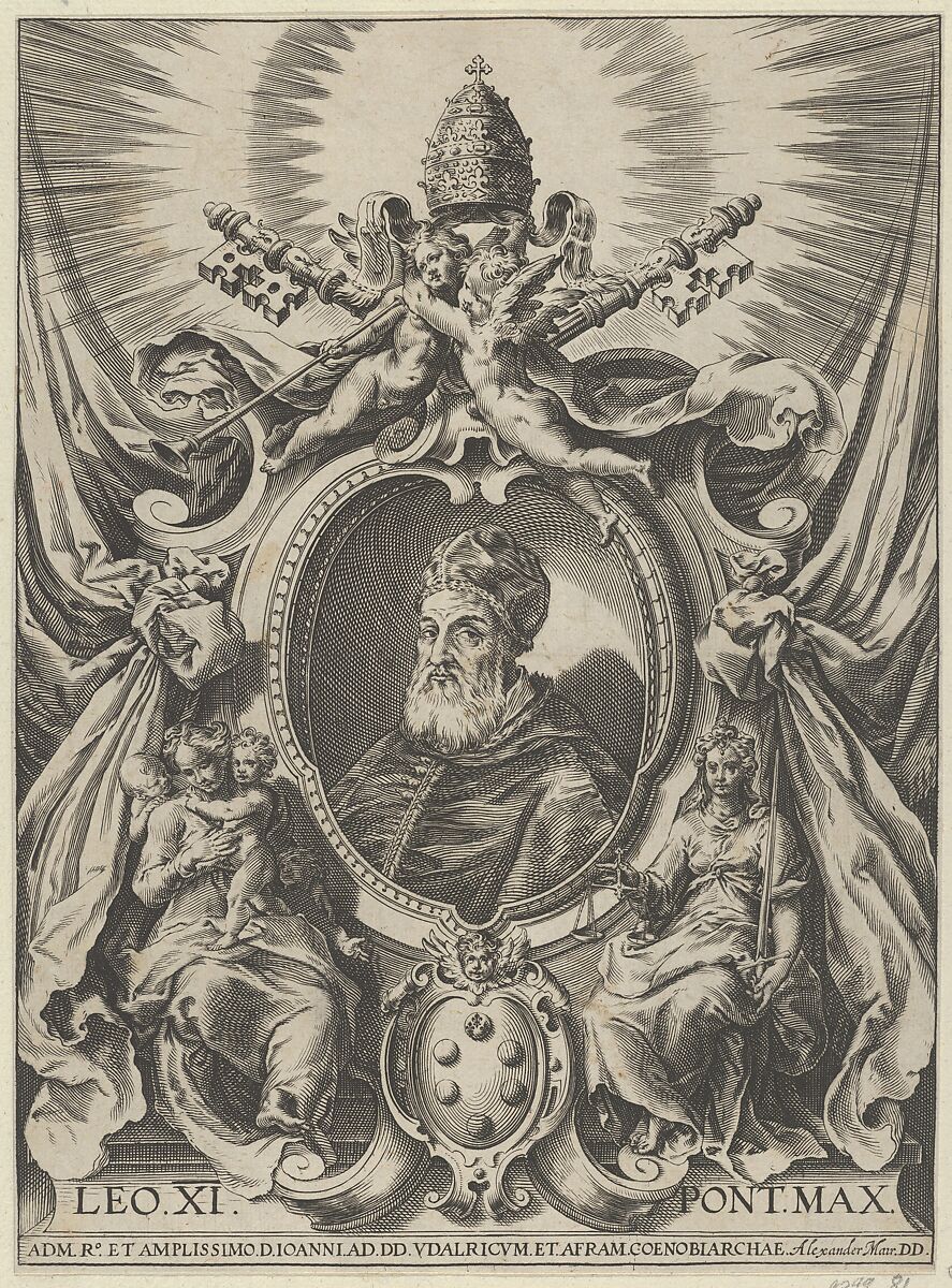 Portrait of Pope Leo X in a decorative border, Alexander Mair (German, 1559–ca. 1620), Engraving (reverse copy) 