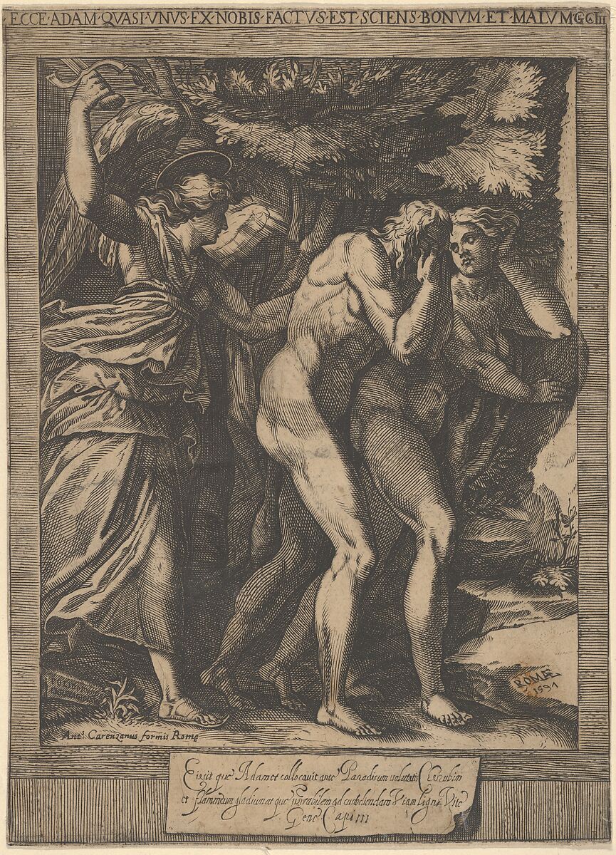 The Expulsion of Adam and Eve with an angel wielding a sword behind them, After Cherubino Alberti (Zaccaria Mattia) (Italian, Borgo Sansepolcro 1553–1615 Rome), Engraving (reverse copy) 