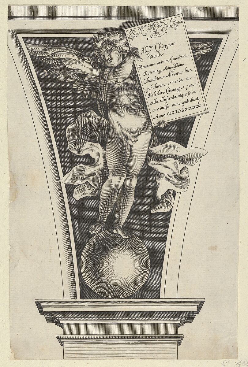Winged putto holding a dedicatory plaque standing on an orb in an architectural detail, Alexander Mair (German, 1559–ca. 1620), Engraving (reverse copy) 