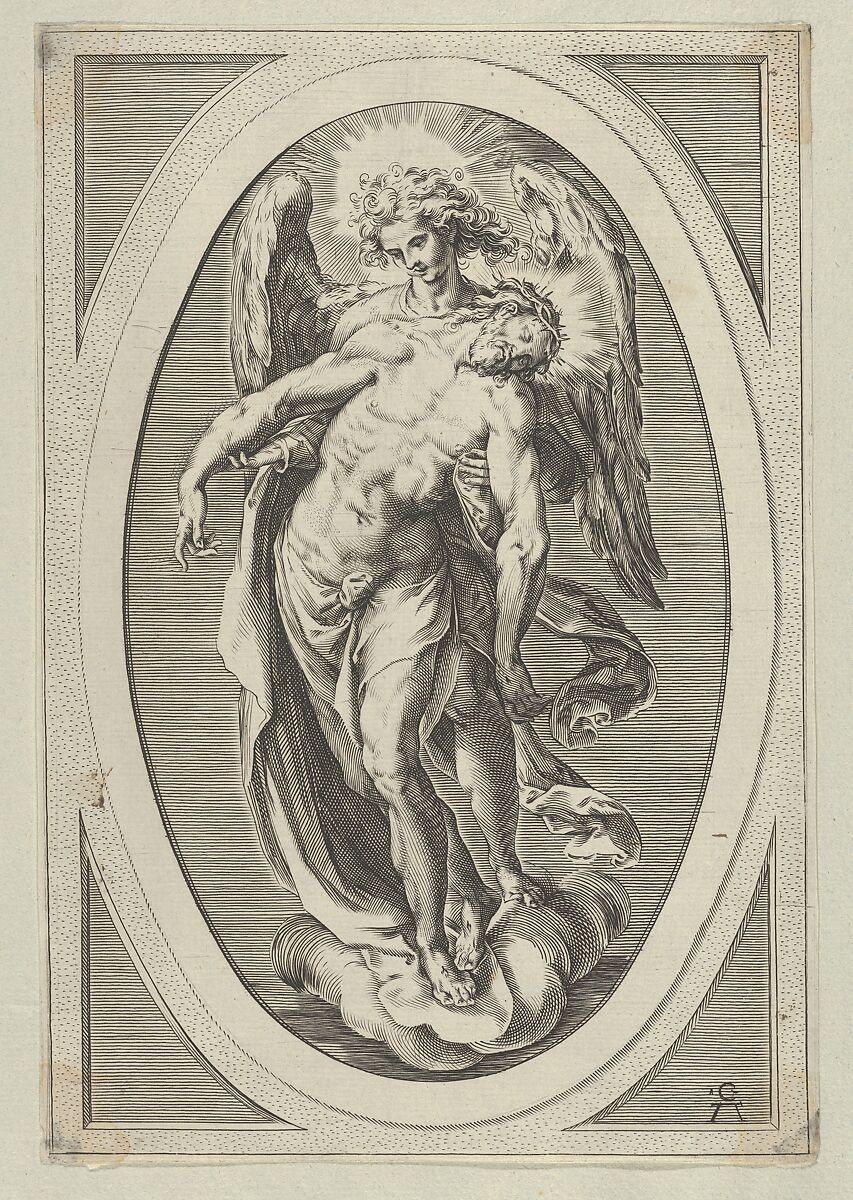 Christ supported by an angel standing on a cloud, After Cherubino Alberti (Zaccaria Mattia) (Italian, Borgo Sansepolcro 1553–1615 Rome), Engraving 