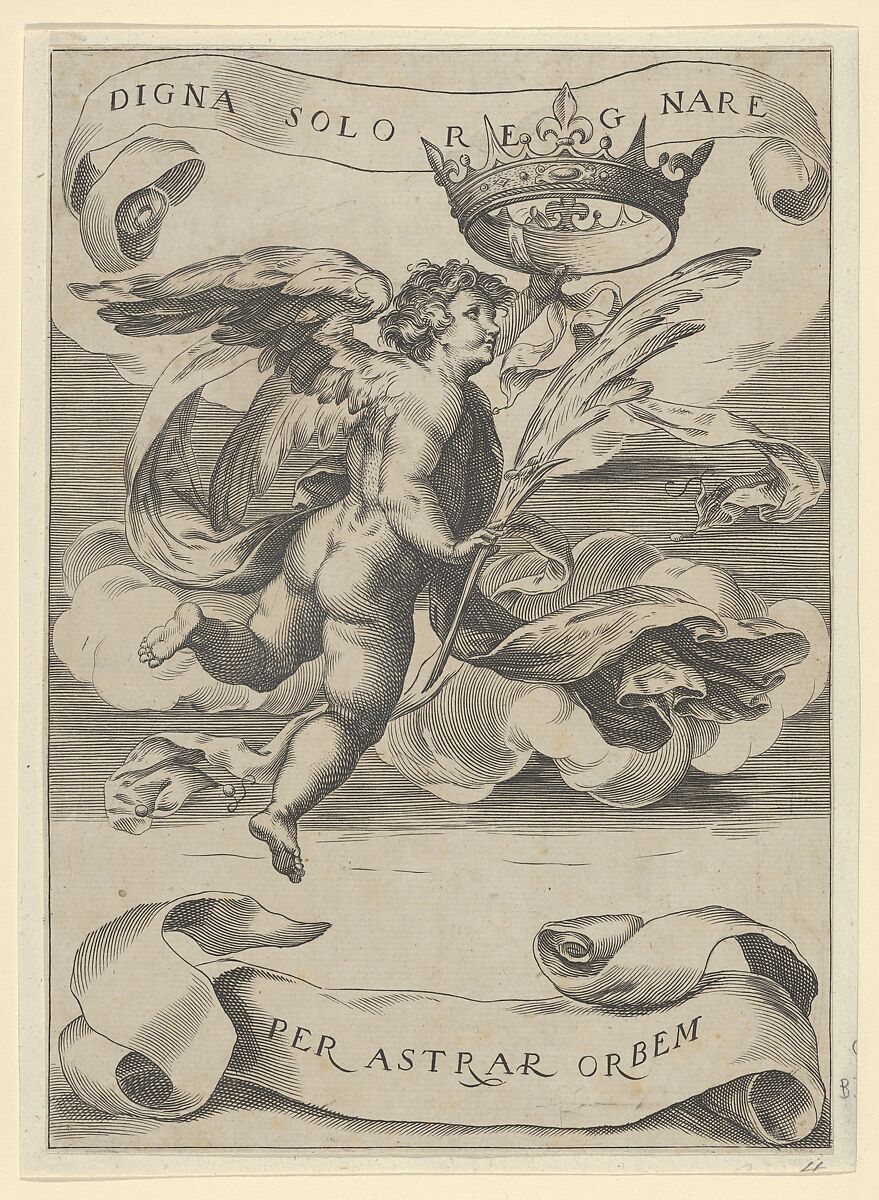 Winged genius holding the Crown of Tuscany in his left hand and a palm in his right, After Cherubino Alberti (Zaccaria Mattia) (Italian, Borgo Sansepolcro 1553–1615 Rome), Engraving (reverse copy) 