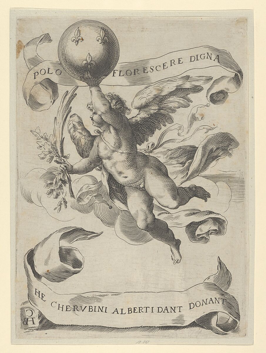 Winged genius with the Arms of the Medici in his right hand and foliage in his left, After Cherubino Alberti (Zaccaria Mattia) (Italian, Borgo Sansepolcro 1553–1615 Rome), Engraving (reverse copy) 