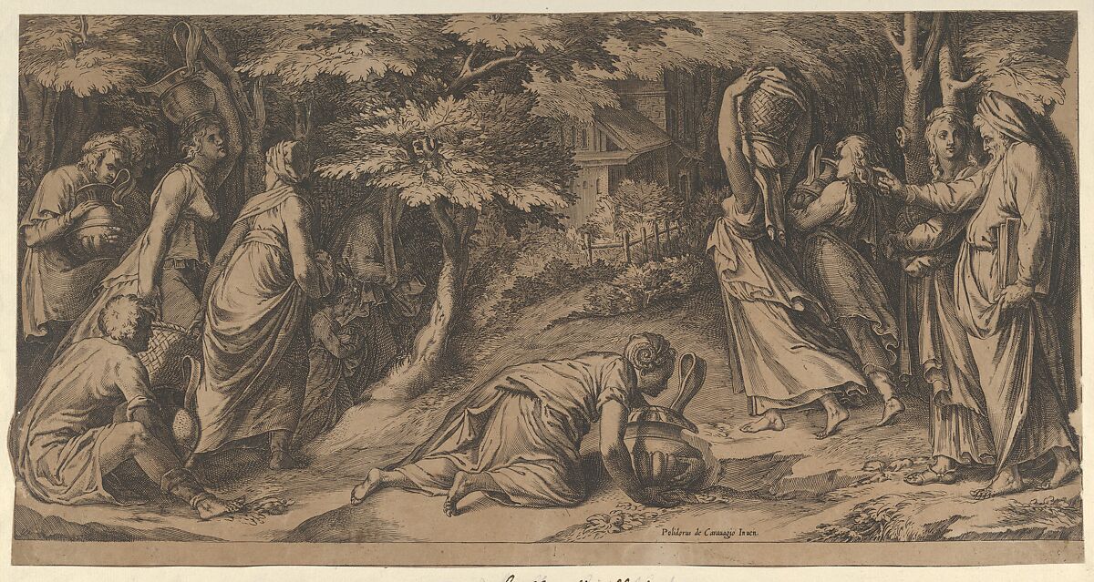 The Israelites fleeing Egypt with Moses at right extending his right hand and with a woman carrying an urn prostrate before him, Cherubino Alberti (Zaccaria Mattia) (Italian, Borgo Sansepolcro 1553–1615 Rome), Engraving 