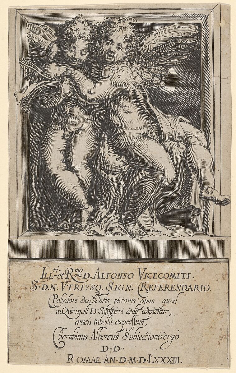 Two seated angels, arms around one another, the one on the left looking down at a song book, from The Angels' Concert, Cherubino Alberti (Zaccaria Mattia) (Italian, Borgo Sansepolcro 1553–1615 Rome), Engraving 