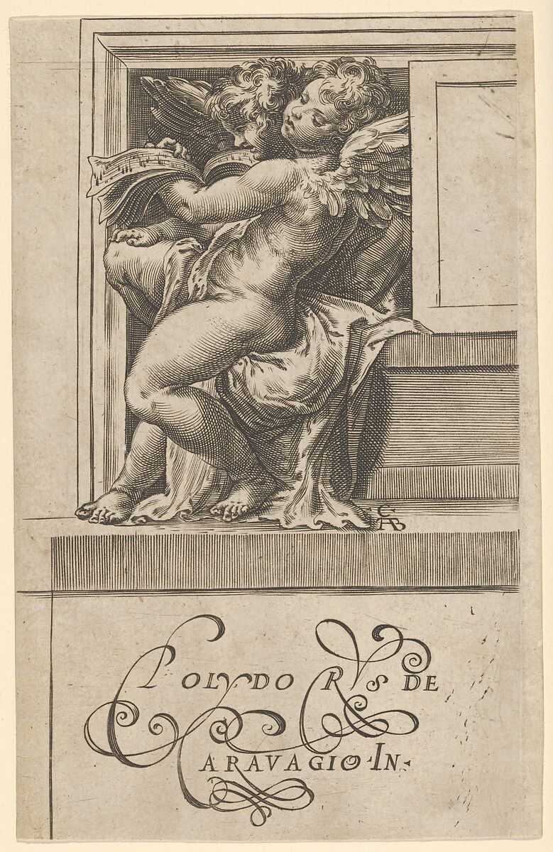 Two seated angels, facing left, reading from a song book, from The Angels' Concert, Cherubino Alberti (Zaccaria Mattia) (Italian, Borgo Sansepolcro 1553–1615 Rome), Engraving 