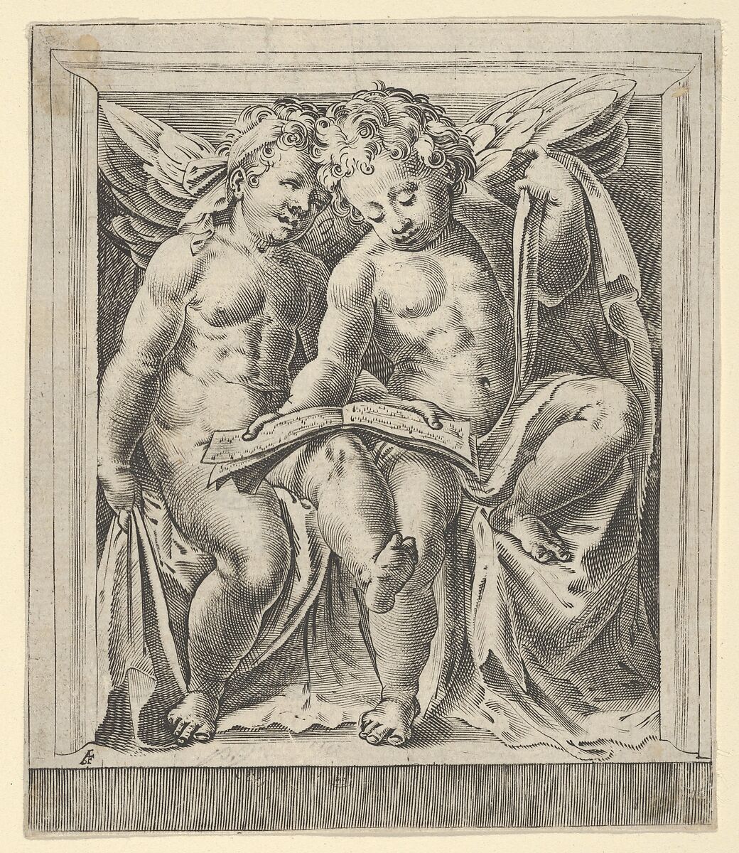 Two seated angels, facing left, reading from a song book, from The Angels' Concert, After Cherubino Alberti (Zaccaria Mattia) (Italian, Borgo Sansepolcro 1553–1615 Rome), Engraving (reverse copy) 