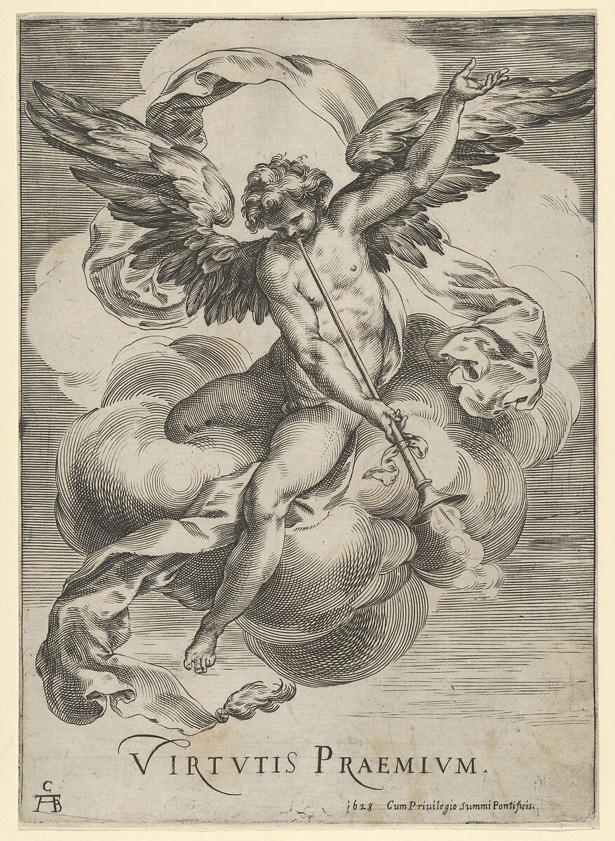 Winged genius seated on a cloud, sounding a trumpet with his left hand extended upwards, Cherubino Alberti (Zaccaria Mattia) (Italian, Borgo Sansepolcro 1553–1615 Rome), Engraving 