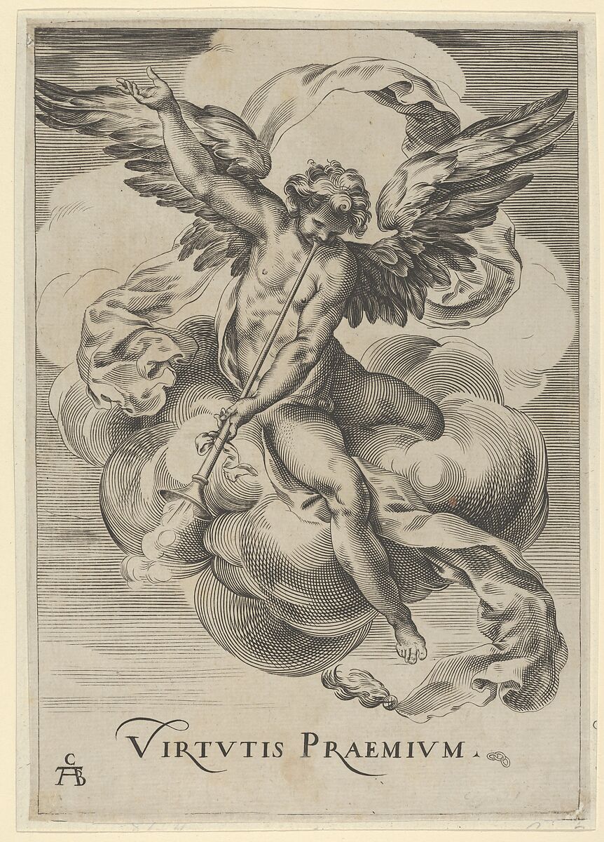 Winged genius seated on a cloud, sounding a trumpet with his left hand extended upwards, After Cherubino Alberti (Zaccaria Mattia) (Italian, Borgo Sansepolcro 1553–1615 Rome), Engraving (reverse copy) 