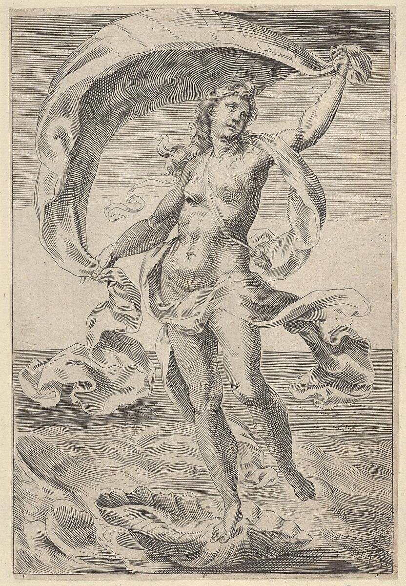 Venus on a half-shell, holding fabric over her head, Cherubino Alberti (Zaccaria Mattia) (Italian, Borgo Sansepolcro 1553–1615 Rome), Engraving 