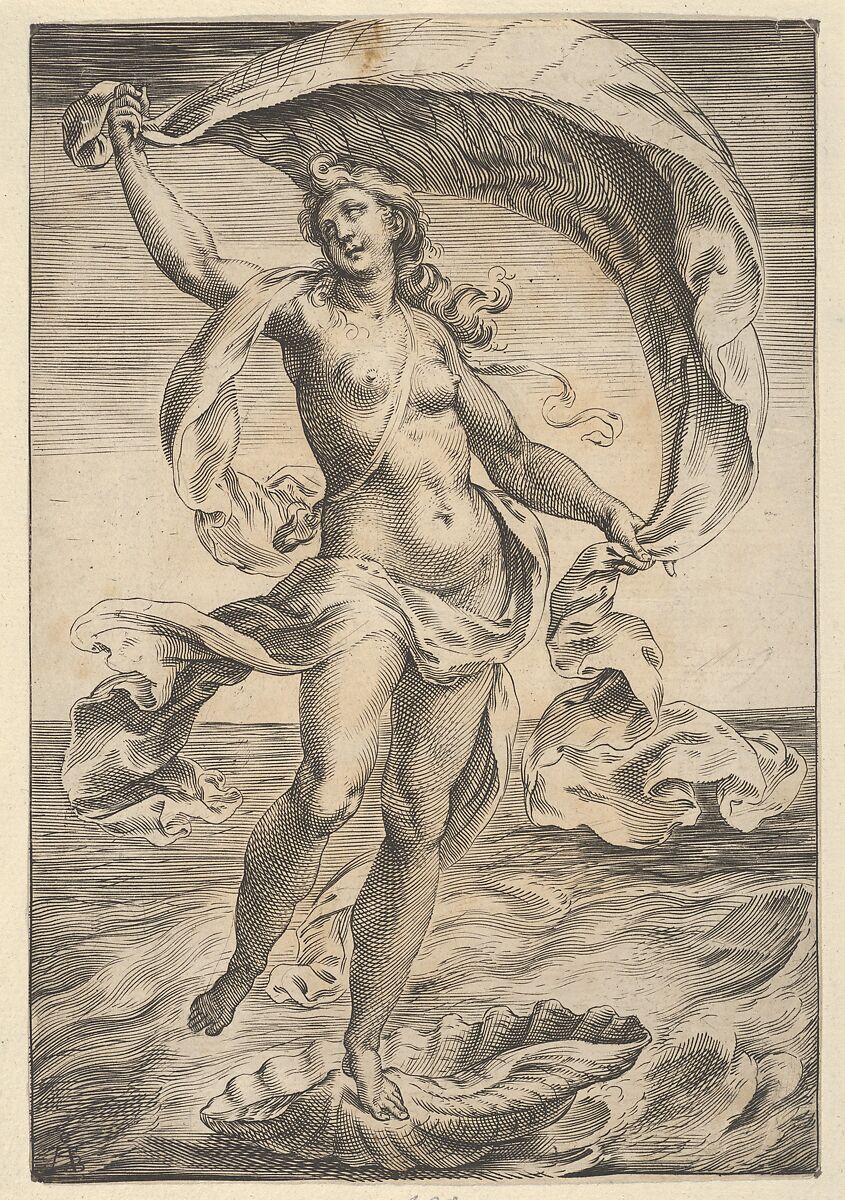 Venus on a half-shell, holding fabric over her head, After Cherubino Alberti (Zaccaria Mattia) (Italian, Borgo Sansepolcro 1553–1615 Rome), Engraving (reverse copy) 