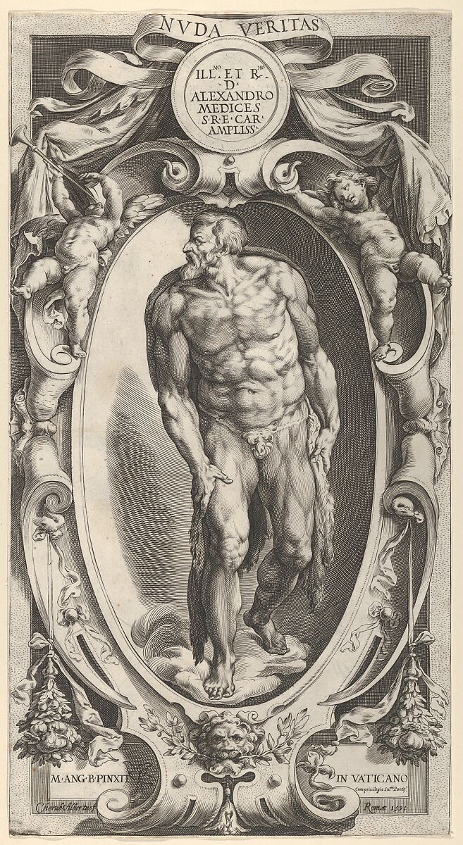 Saint John the Baptist in a decorative border, after Michelangelo's  'The Last Judgment' fresco in the Sistine Chapel, Cherubino Alberti (Zaccaria Mattia) (Italian, Borgo Sansepolcro 1553–1615 Rome), Engraving 