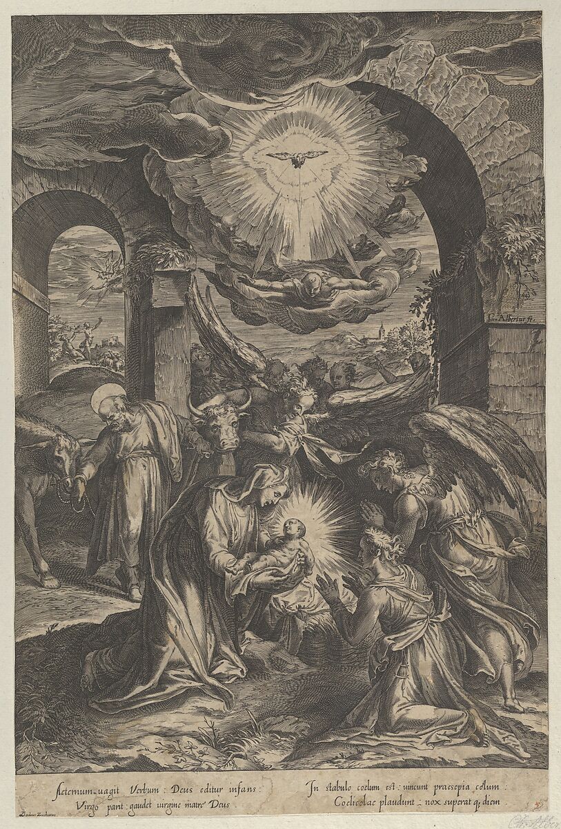 The Birth of Christ, who is held by the Virgin against a penumbra of light, adoring angels, and Joseph leading a donkey at left, Cherubino Alberti (Zaccaria Mattia) (Italian, Borgo Sansepolcro 1553–1615 Rome), Engraving 