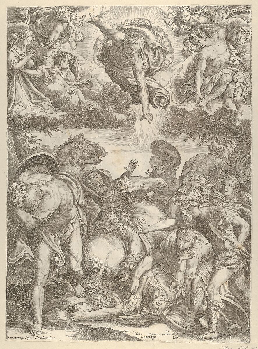 The Conversion of Saint Paul with God the Father and Angels above, Cherubino Alberti (Zaccaria Mattia) (Italian, Borgo Sansepolcro 1553–1615 Rome), Engraving; second state of two (Bartsch) 