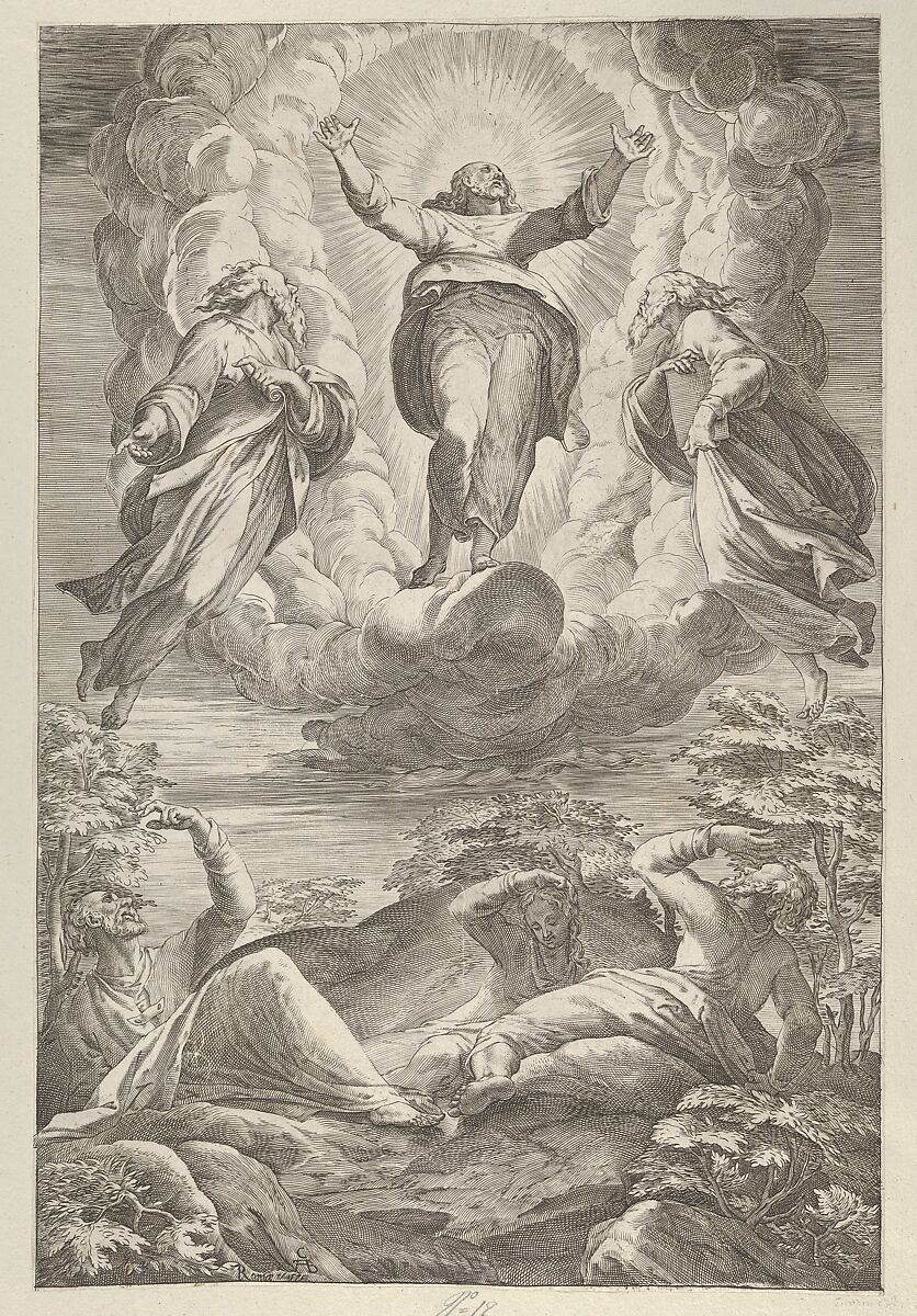 The Transfiguration with Christ flanked by two saints and with the Apostles below, Cherubino Alberti (Zaccaria Mattia) (Italian, Borgo Sansepolcro 1553–1615 Rome), Engraving 