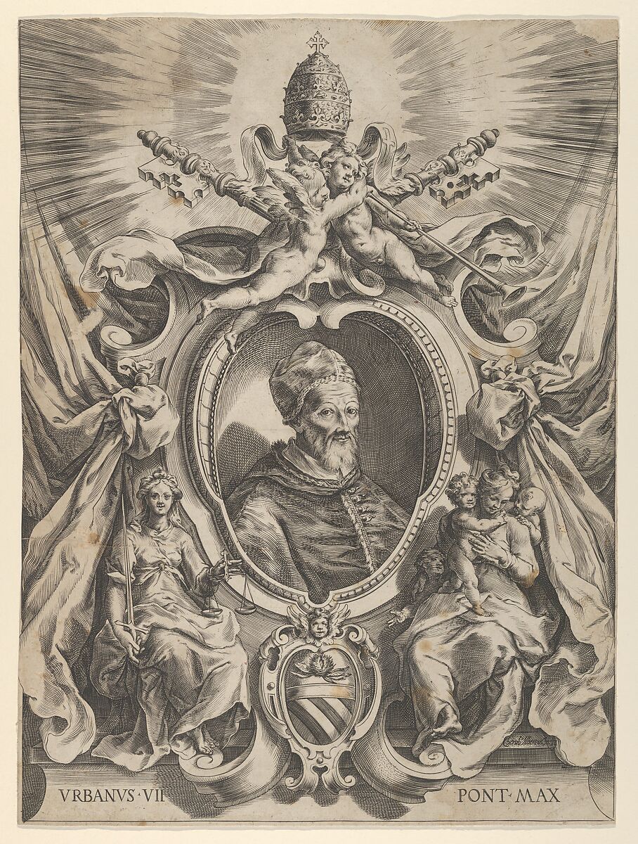 Portrait of Pope Urban VII in a decorative border, Cherubino Alberti (Zaccaria Mattia) (Italian, Borgo Sansepolcro 1553–1615 Rome), Engraving 