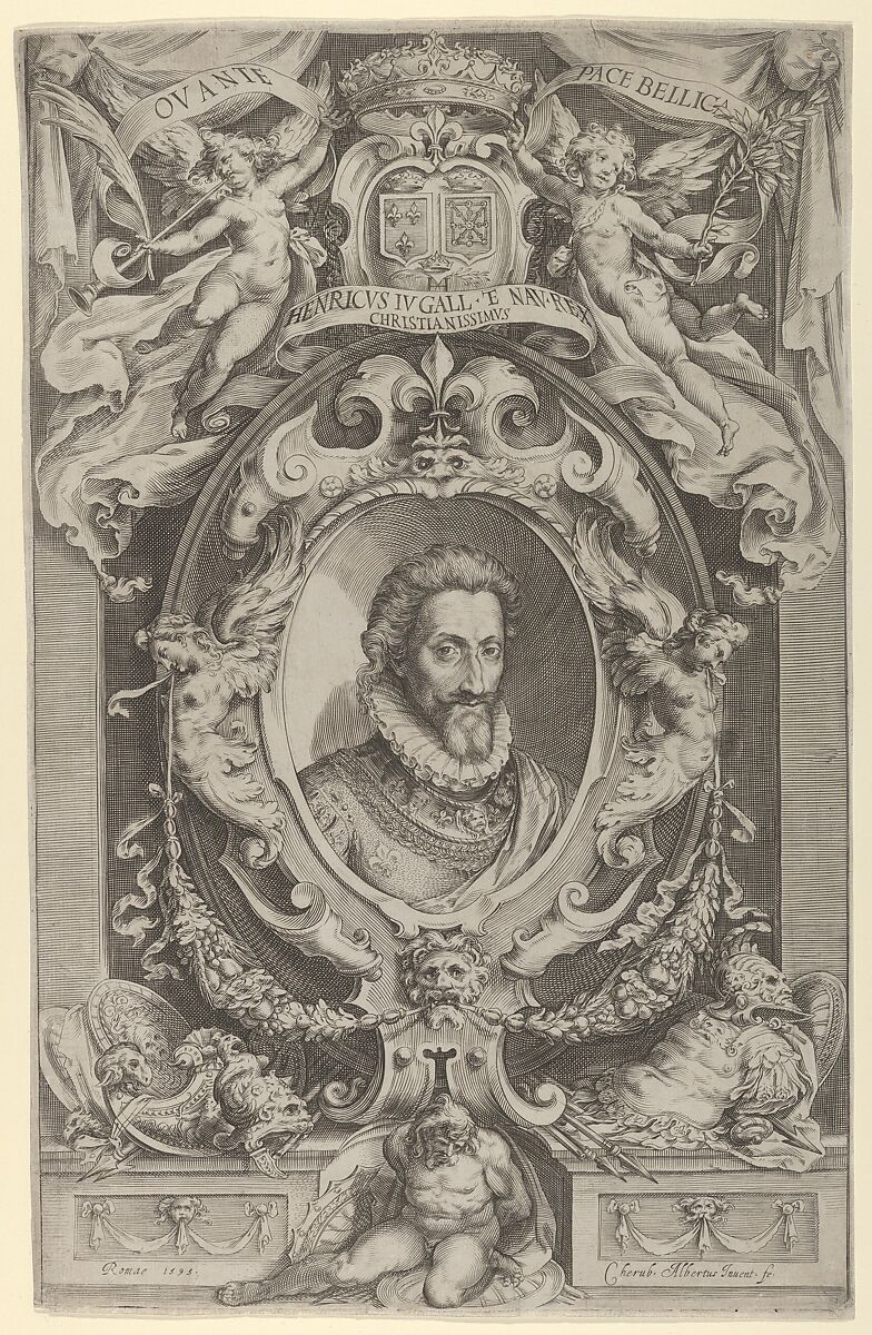 Portrait of King Henry IV of France in a decorative border, Cherubino Alberti (Zaccaria Mattia) (Italian, Borgo Sansepolcro 1553–1615 Rome), Engraving 