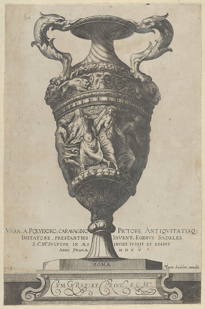 Title page depicting a two-handled base with dancing nymphs, from Antique Vases (Vasa a Polidoro Caravagino), Aegidius Sadeler II (Netherlandish, Antwerp 1568–1629 Prague), Etching and engraving; second state of three (Bartsch) 