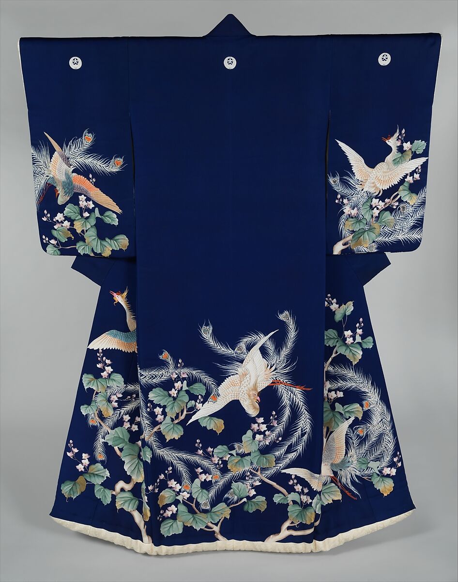 Outer Robe (Uchikake) with Phoenixes and Paulownia, Resist-dyed and painted plain-weave silk embroidered with gold thread, Japan 