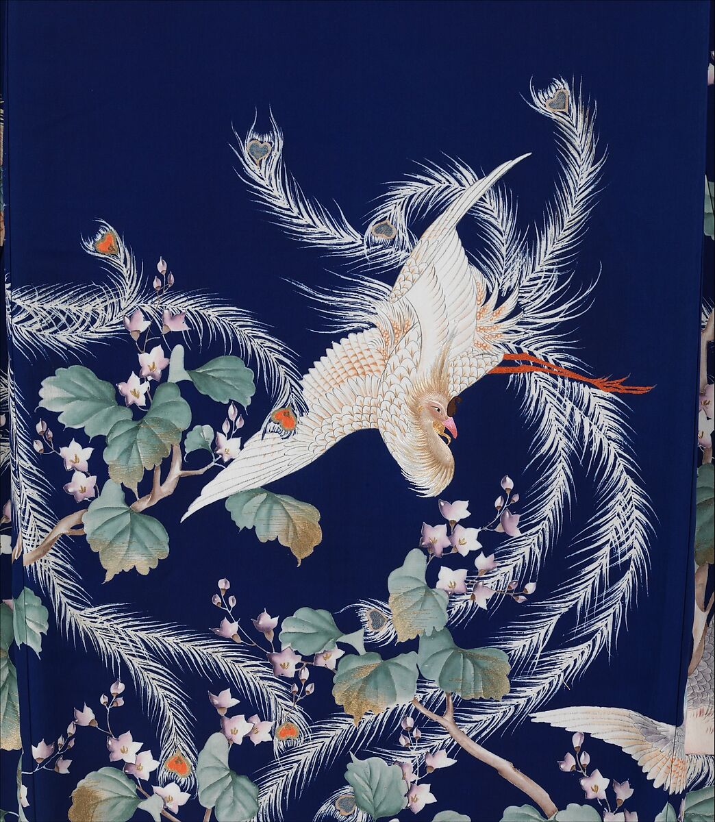 Outer Robe (Uchikake) with Phoenixes and Paulownia, Resist-dyed and painted plain-weave silk embroidered with gold thread, Japan