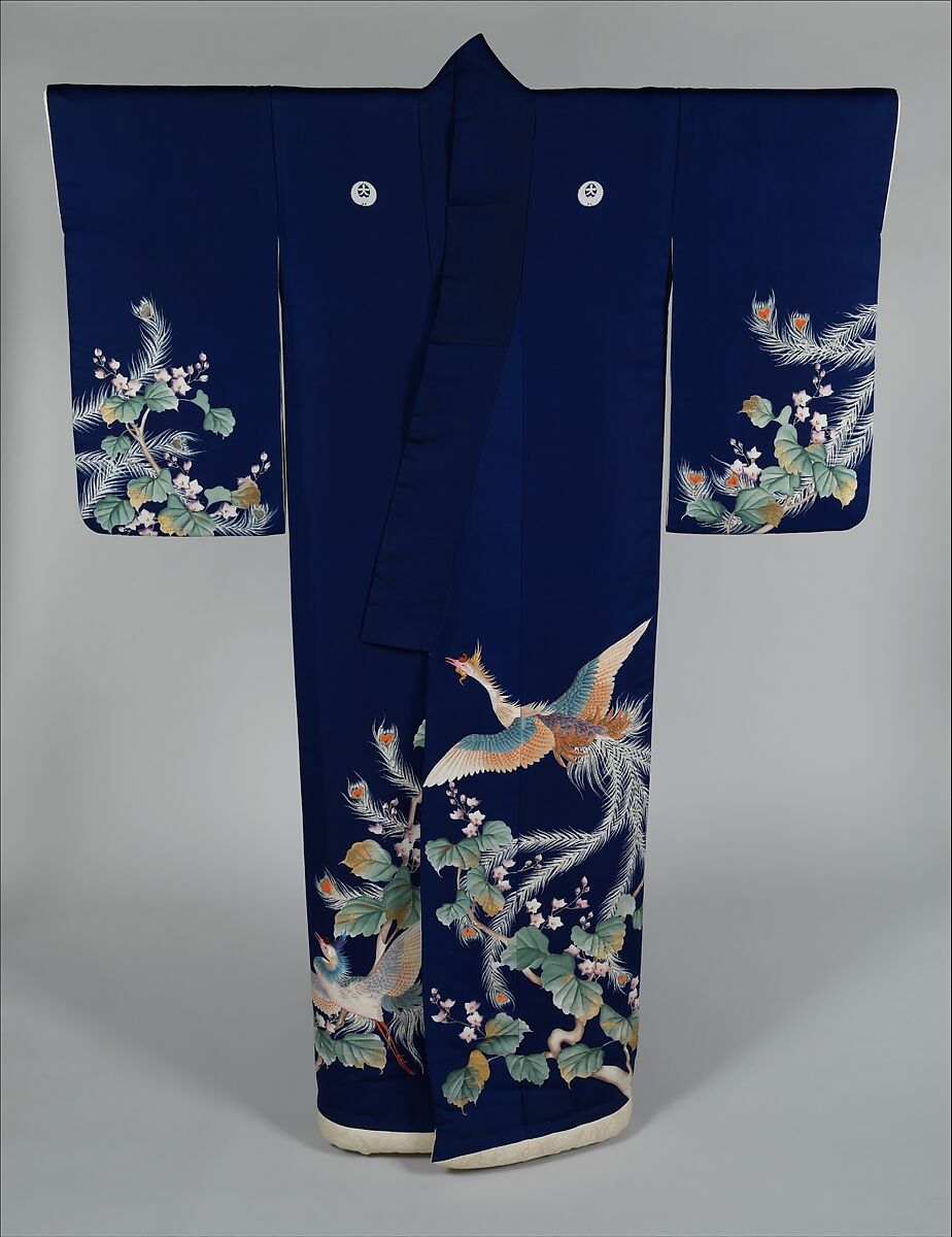 Outer Robe (Uchikake) with Phoenixes and Paulownia, Resist-dyed and painted plain-weave silk embroidered with gold thread, Japan