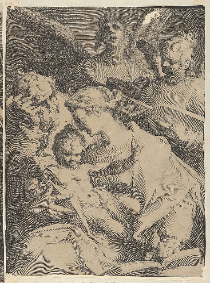 Holy Family and Two Music-Making Angels, Jan Muller (Netherlandish, Amsterdam 1571–1628 Amsterdam), Engraving; probably second state of three (lacking titlespace below) 