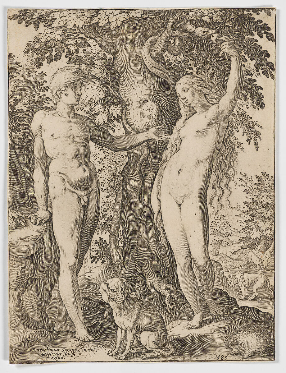 Adam and Eve, Hendrick Goltzius (Netherlandish, Mühlbracht 1558–1617 Haarlem), Engraving 