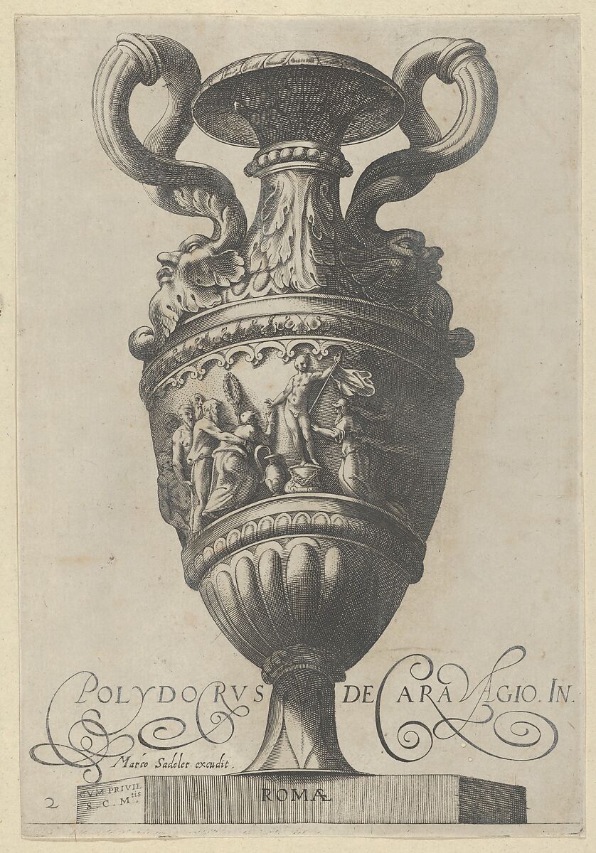 Plate 2: Two-handled vase with a nude figure on a pedestal at center, from "Antique Vases" (‘Vasa a Polydoro Caravagino’), Aegidius Sadeler II (Netherlandish, Antwerp 1568–1629 Prague), Etching and engraving; second state of three (Bartsch) 