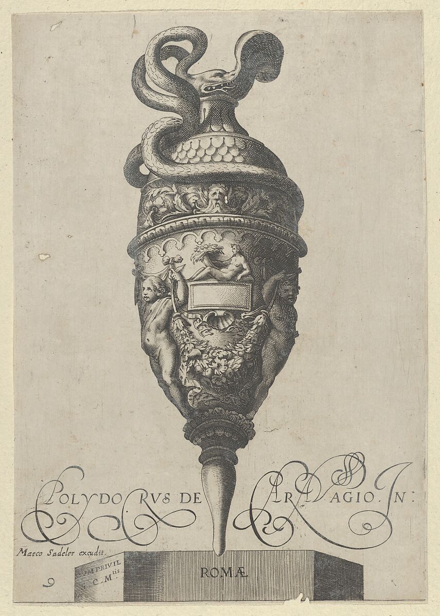 Plate 9: Vase or Ewer with a Serpent Handle and Two Putti holding up a Garland, from Antique Vases (‘Vasa a Polydoro Caravagino’), Aegidius Sadeler II (Netherlandish, Antwerp 1568–1629 Prague), Etching and engraving; second state of three (Bartsch) 