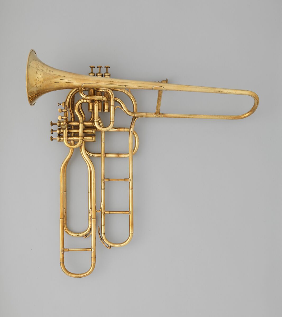 Tenor valve trombone, Adolphe (Antoine Joseph) Sax (Belgian, Dinant, Belgium 1814–1894 Paris), Brass, white metal, cork, French 
