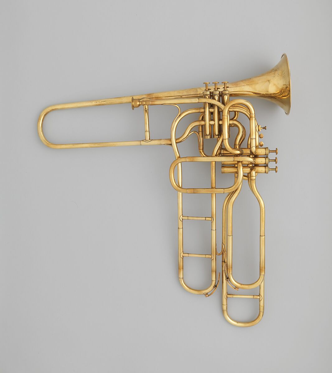 Tenor valve trombone, Adolphe (Antoine Joseph) Sax (Belgian, Dinant, Belgium 1814–1894 Paris), Brass, white metal, cork, French