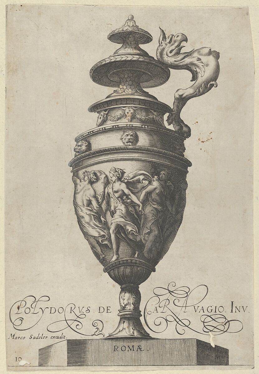 Plate 10: Lidded Vase With a Handle in the Shape of a Griffin and A Frieze With Draped Dancing Figures, from Antique Vases (Vasa a Polydoro Caravagino’), Aegidius Sadeler II (Netherlandish, Antwerp 1568–1629 Prague), Etching and engraving; second state of three (Bartsch) 
