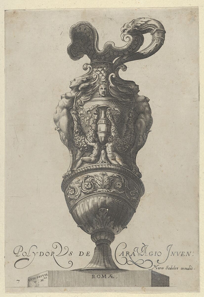 Plate 7: Vase or Ewer Decorated With a Vase Flanked by Putti and Two Large Female figures whose legs morph into griffin claws, from Antique Vases (Vasa a Polydoro Caravagino), Aegidius Sadeler II (Netherlandish, Antwerp 1568–1629 Prague), Etching and engraving; second state of three (Bartsch) 