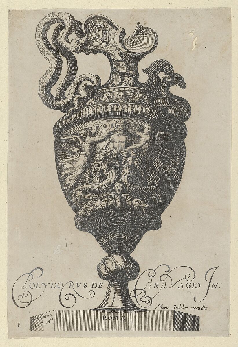 Plate 8: Vase or Ewer Decorated with a Satyr Figure, Behind Two Cornucopias, and Two Winged Victory Figures, from Antique Vases (‘Vasa a Polydoro Caravagino’), Aegidius Sadeler II (Netherlandish, Antwerp 1568–1629 Prague), Etching and engraving; second state of three (Bartsch) 