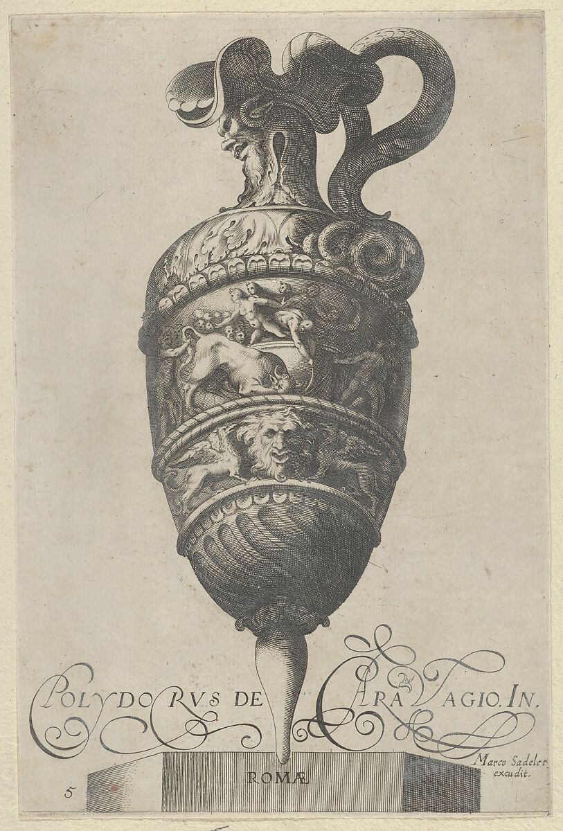 Plate 5: Vase or Ewer with a Double Frieze, the Top shows Men Wrestling a Bull, the Bottom contains a Mask and Two Griffins, from Antique Vases (Vasa a Polydoro Caravagino), Aegidius Sadeler II (Netherlandish, Antwerp 1568–1629 Prague), Etching and engraving; second state of three (Bartsch) 