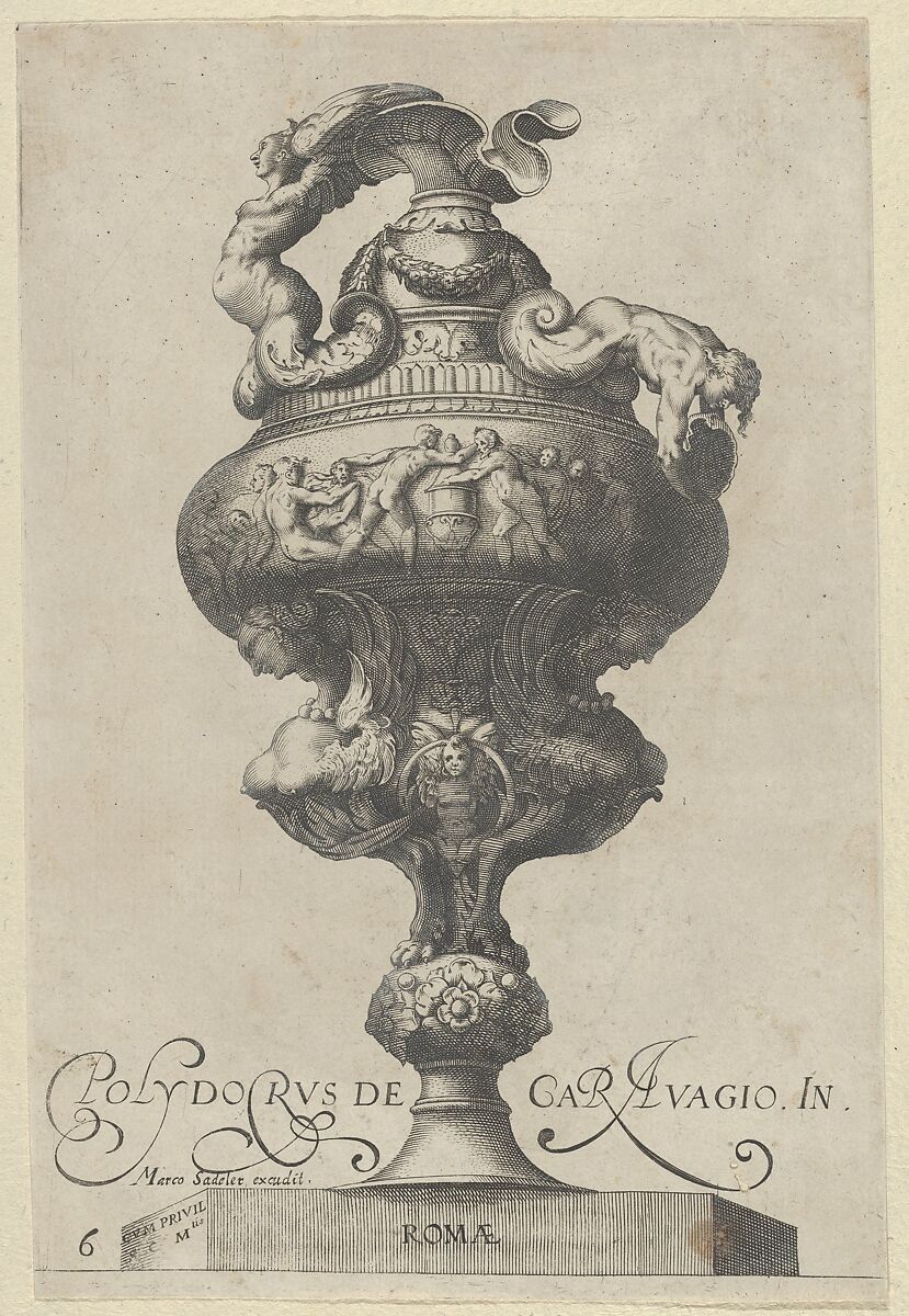 Plate 6: Vase or Ewer with a Frieze Containing Naked Figures, Supported Below by Two Female Sphinxes, from Antique Vases (Vasa a Polydoro Caravagino), Aegidius Sadeler II (Netherlandish, Antwerp 1568–1629 Prague), Etching and engraving; second state of three (Bartsch) 