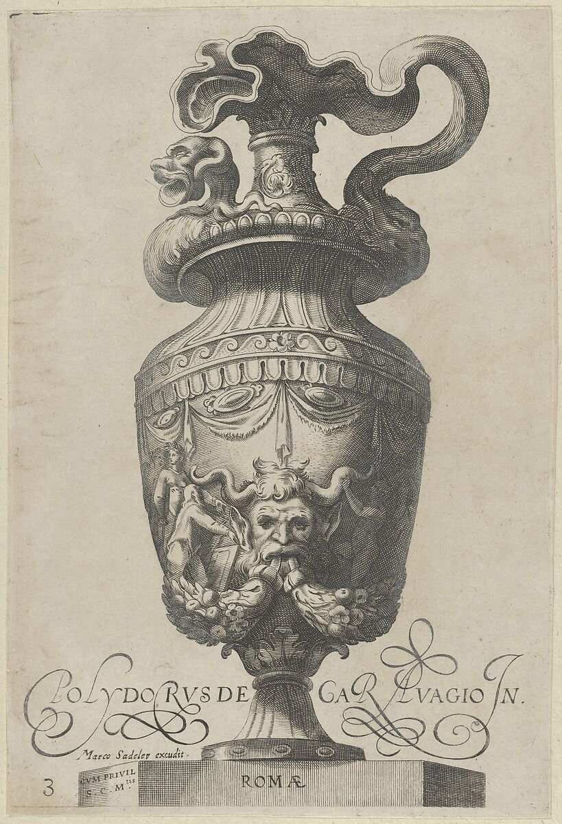 Plate 3: Vase with a satyr's mask and garlands, from Antique Vases (Vasa a Polydoro Caravagino), Aegidius Sadeler II (Netherlandish, Antwerp 1568–1629 Prague), Etching and engraving; second state of three (Bartsch) 