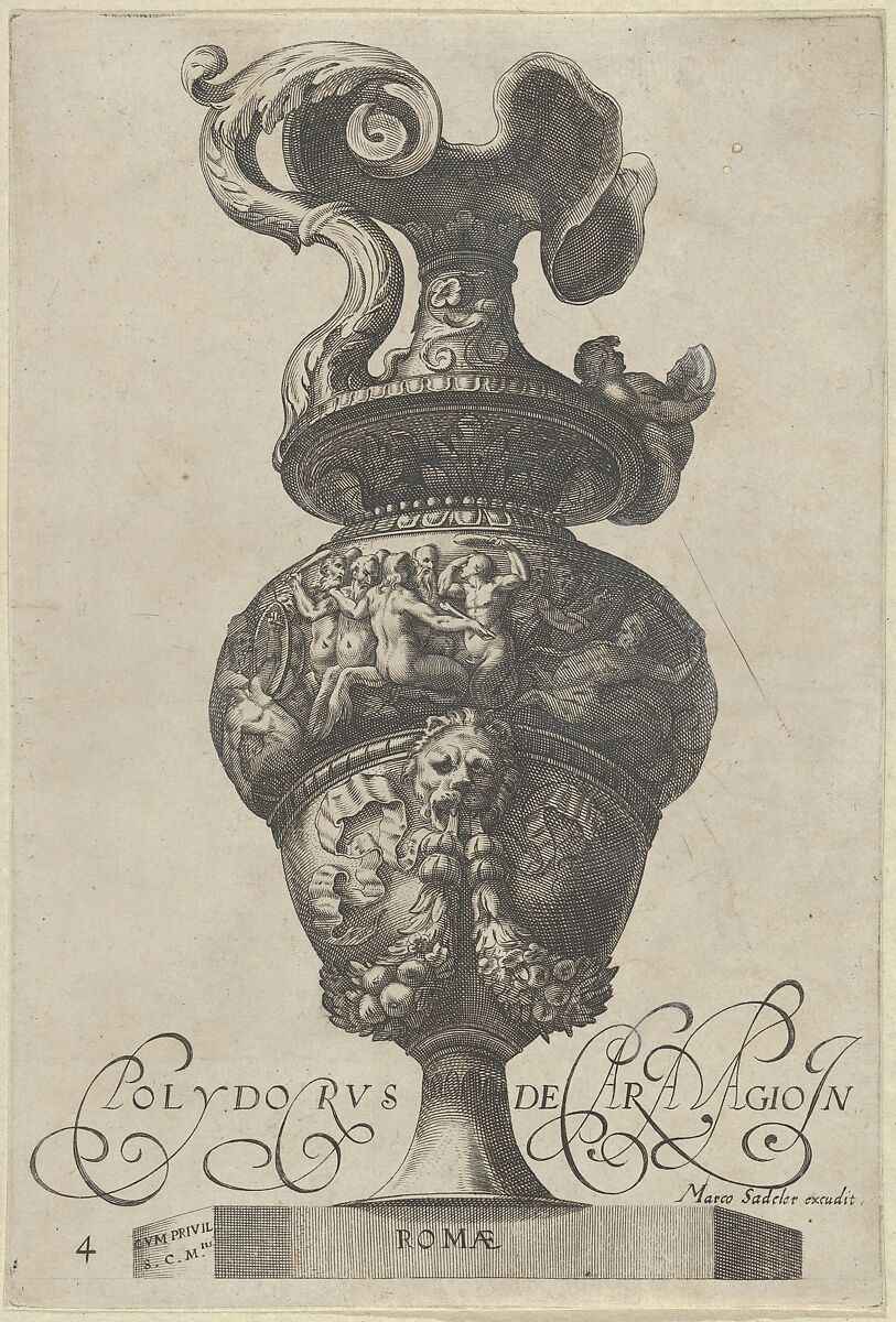 Plate 4: Vase or Ewer with a Frieze containing mermaids and centaurs, and below a lion's head with garlands and ribbons, from Antique Vases (‘Vasa a Polydoro Caravagino’), Aegidius Sadeler II (Netherlandish, Antwerp 1568–1629 Prague), Etching and engraving; second state of three (Bartsch) 