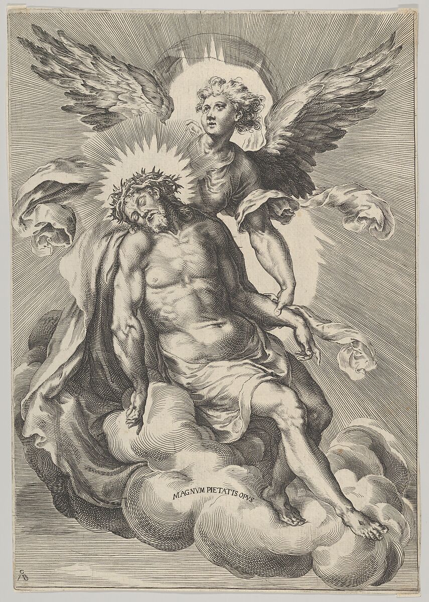 Christ supported by an angel standing on a cloud with light radiating behind them, Cherubino Alberti (Zaccaria Mattia) (Italian, Borgo Sansepolcro 1553–1615 Rome), Engraving 