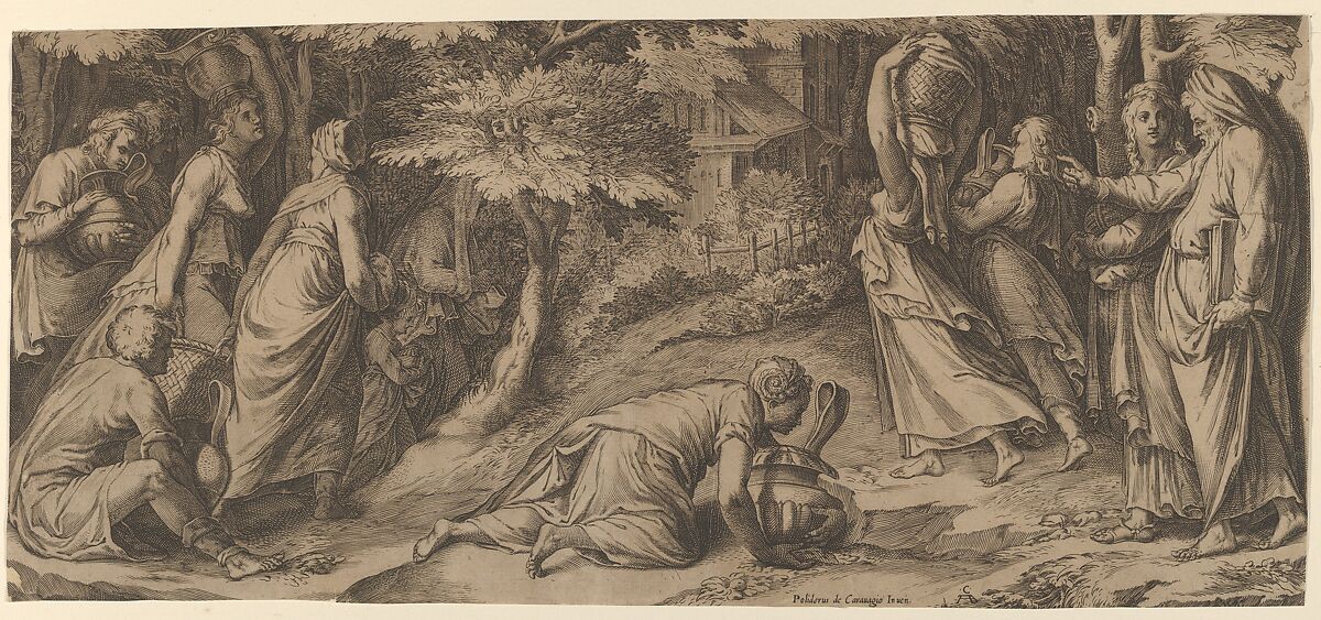 The Israelites fleeing Egypt with Moses at right extending his right hand and with a woman carrying an urn prostrate before him, Cherubino Alberti (Zaccaria Mattia) (Italian, Borgo Sansepolcro 1553–1615 Rome), Engraving 