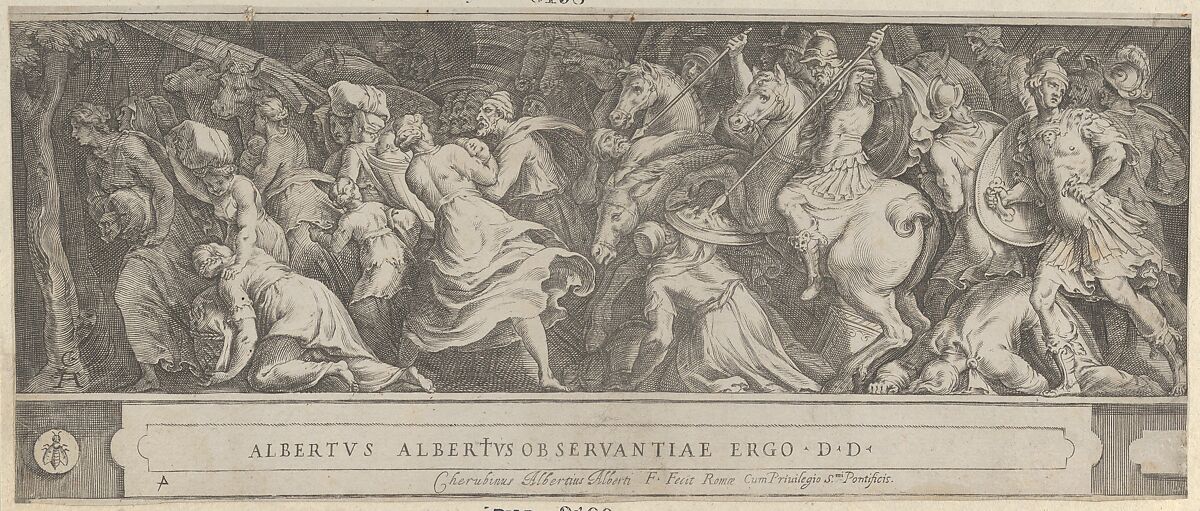 The Triumph of Two Roman Emperors (left-hand side) with soldiers on horseback and men, women, and children fleeing, Cherubino Alberti (Zaccaria Mattia) (Italian, Borgo Sansepolcro 1553–1615 Rome), Engraving 