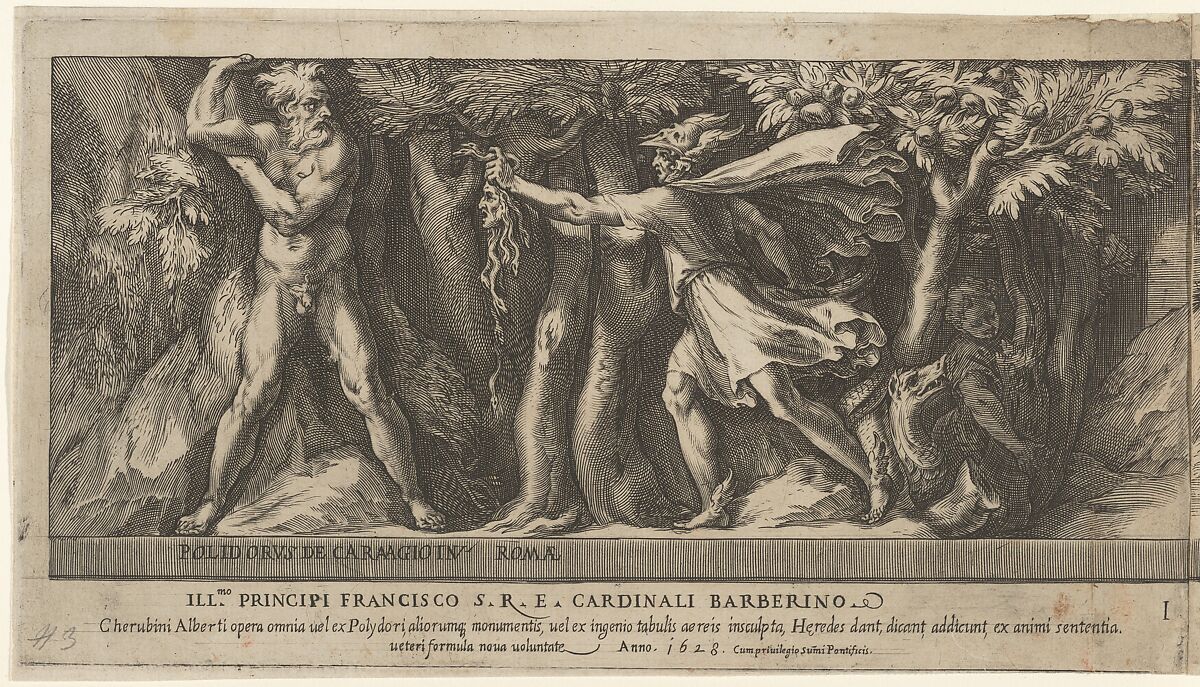 Perseus changing Atlas into a mountan with the head of Medusa, from Perseus and the Golden Apples, Cherubino Alberti (Zaccaria Mattia) (Italian, Borgo Sansepolcro 1553–1615 Rome), Engraving 