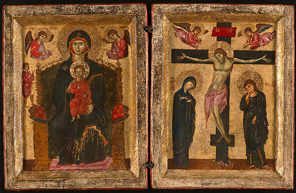 The Ryerson Diptych: Virgin and Child Enthroned with Angels and Donor; The Crucifixion with the Virgin Mary, Saint John the Evangelist, and Two Angels, Tempera and gold on wood panels with gilded plaster pastiglia 