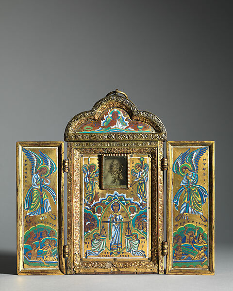Triptych Reliquary of the Cross, Gilded copper, champlevé enamel, émail brun, and rock crystal, Mosan 