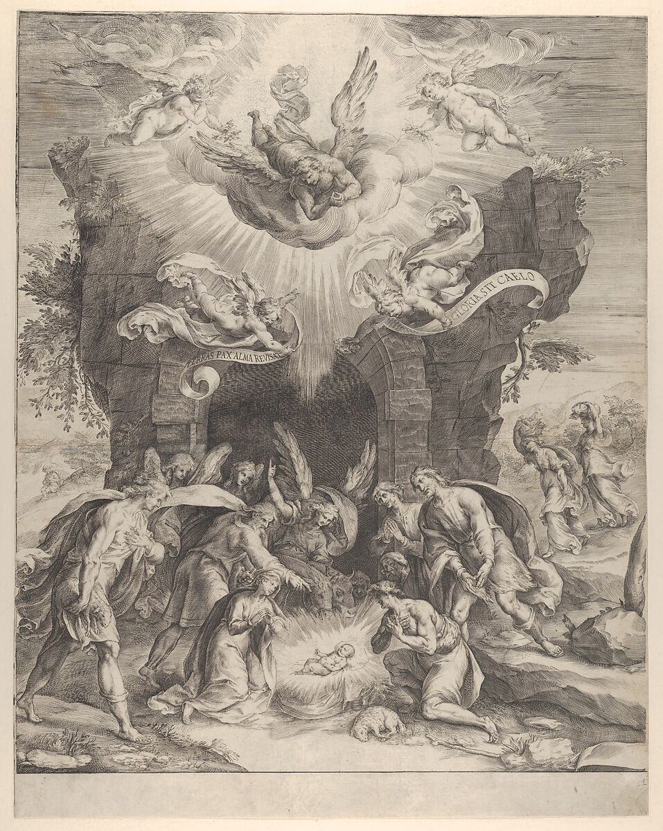 The Adoration of the Shepherds with the Christ Child at center and angels above, Cherubino Alberti (Zaccaria Mattia) (Italian, Borgo Sansepolcro 1553–1615 Rome), Engraving; proof before letters 