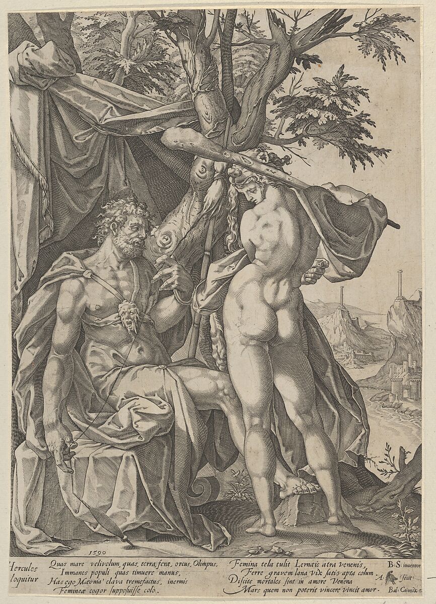 Hercules and Omphale, Anton Eisenhoit (German, Warburg 1553 or 1554–1603 Warburg), Engraving 
